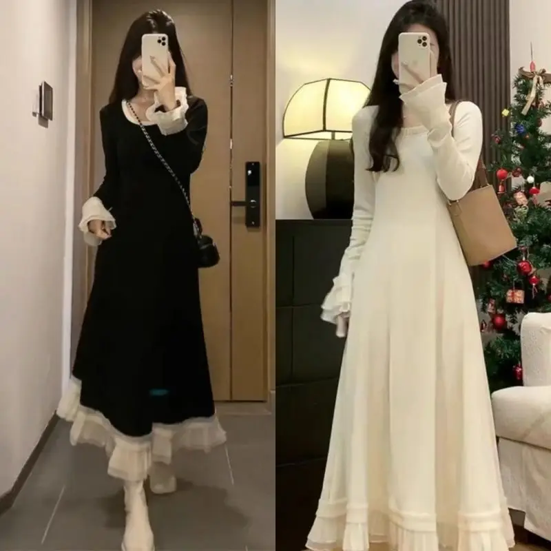 Sukienka damska z długim rękawem, dziergana, z francuską koronką i patchworkiem, na wczesną jesień.