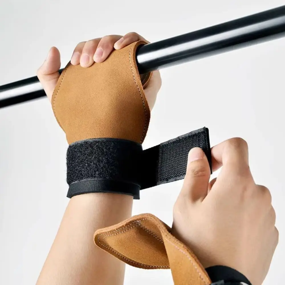 Double Layer PU Leather Gloves Wrist Strap Anti-Skid Weight Lifting Gloves Cowhide Palm Grip Pads Deadlift Gloves
