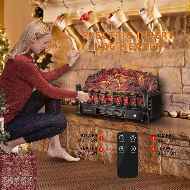 VIVOHOME 120V Electric Fireplace Insert Log Quartz Realistic Ember Bed Fan Heater with Infrared Remote Controller Golden