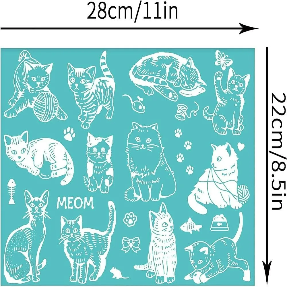 2 Pcs Cat Pattern Self-Adhesive Silk Screen Printing Stencil Vintage Mouse Butterfly Mesh Transfer Stencil Fish Silk Screen