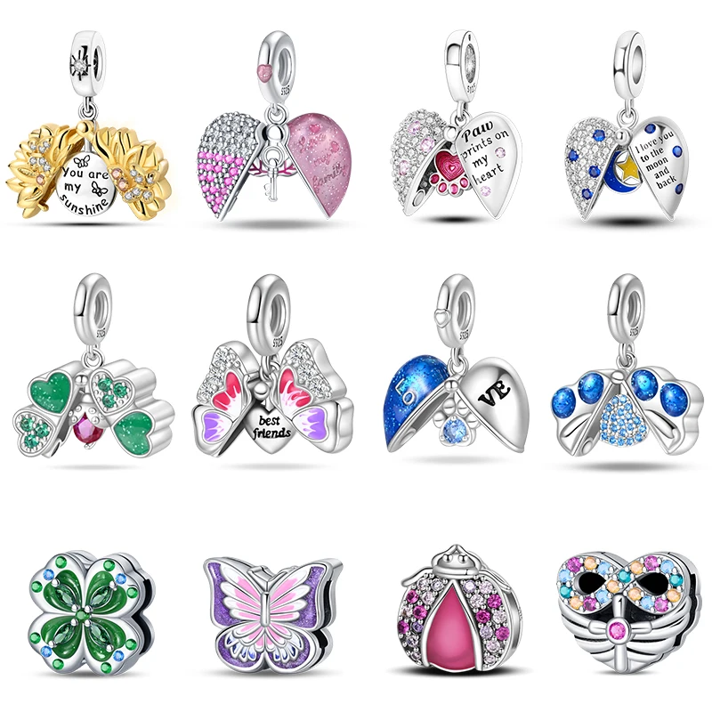 

New 925 Sterling Silver Heart Shaped Cat Claw Butterfly Four Leaf Clover Charms Beads Fit Pandora Original Bracelets DIY Jewelry