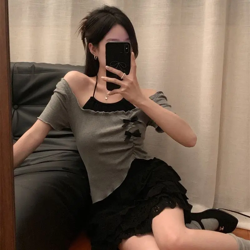 여름 신작 여성 투피스 캐미솔 세트 한국 패션 트렌드 반팔 크롭 탑 티셔츠 Y2k 스트리트웨어 티셔츠