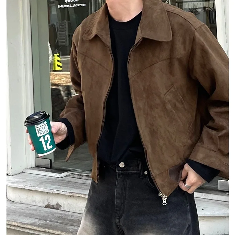 

Винтажное коричневое замшевое бейсбольное пальто для мужчин ort Pilot Sle Coat Autumn Faion Long Sve Loose Fit Youth ulaire