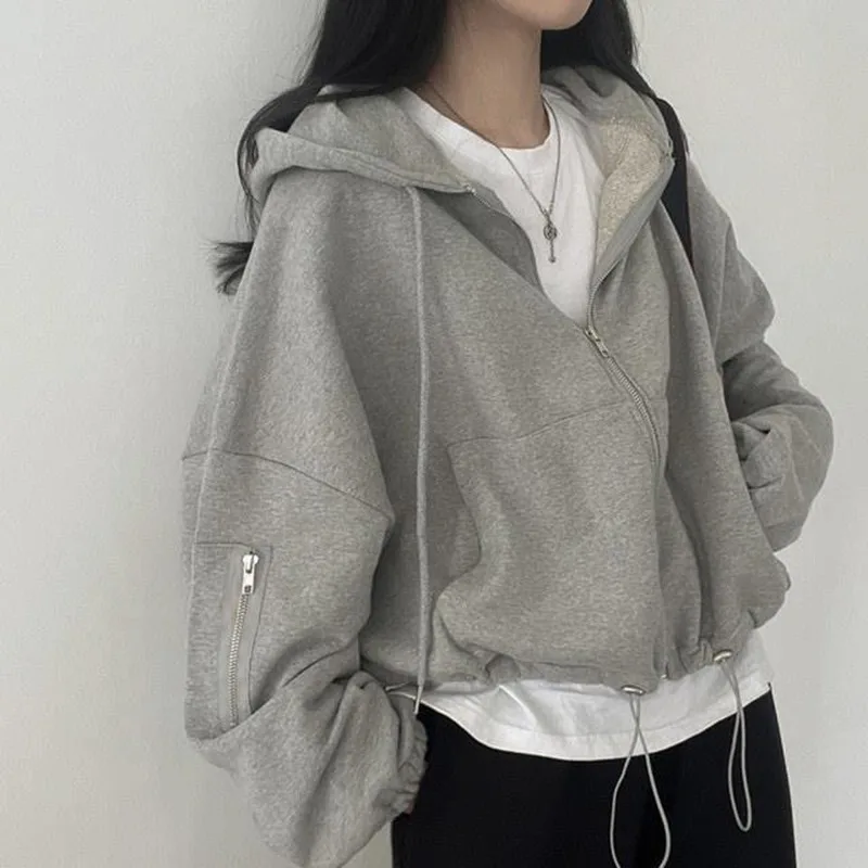 

Women Solid Hoodies Sporty Long Sleeve Zipper Drawstring Sweatshirt Casual Streetwear Harajuku Loose Autumn Pocket Hooded Preppy