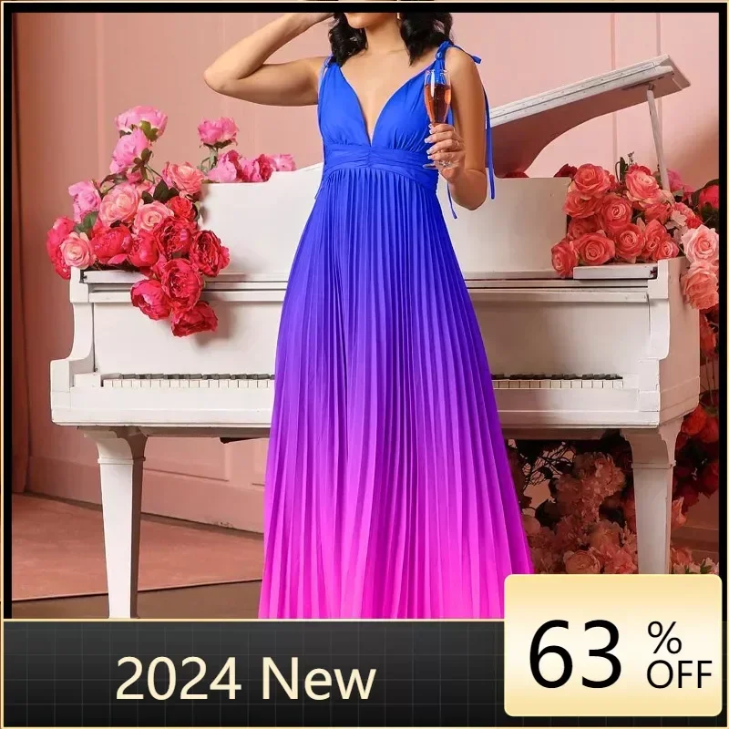 

Women Gradient Color Tie Up Stap Sleeveless Pleated Backless V-neck Maxi Dress 2024 Fashion Street Vestidos Sexy Dresses