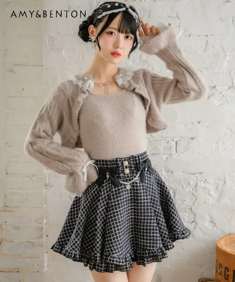 Japanese Style Sweet Cute Bow Love Rhinestone Pearl Pendant High Waist Skirt Women Mine Mass-produced Lotus Leaf Edge Mini Skirt