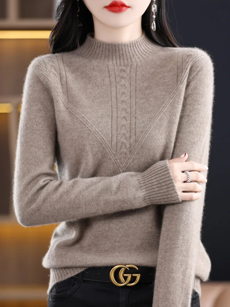 Fashion Women's Mock Neck Pullover 100% Merino Wool Sweater Autumn Winter Long Sleeve Cashmere Knitwear Female Clothes Top New
