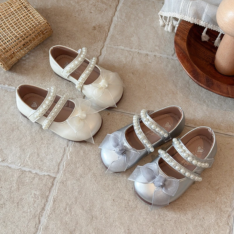 Mumoresip Little Girl Mary Jane Shoes Elegant Pearl Children Princess Flat Shoes Wedding Party Non-slip Kids Dress Leather Shoes
