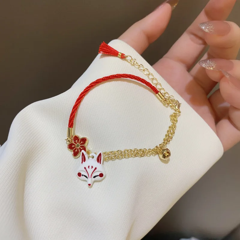 Pulsera de animales de dibujos animados Sakura para mujer, Linda campana de la suerte, flores de cerezo, dijes de cuerda roja, pulsera, pendientes, joyería