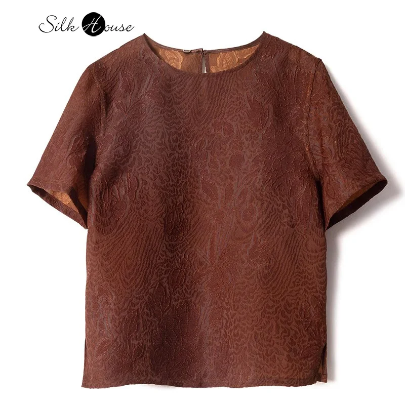 

2024 Women's Summer Fashion New Style Temperament National Style Cut Lotus Design Sense Retro 48.8%Natural Mulberry Silk T-shirt