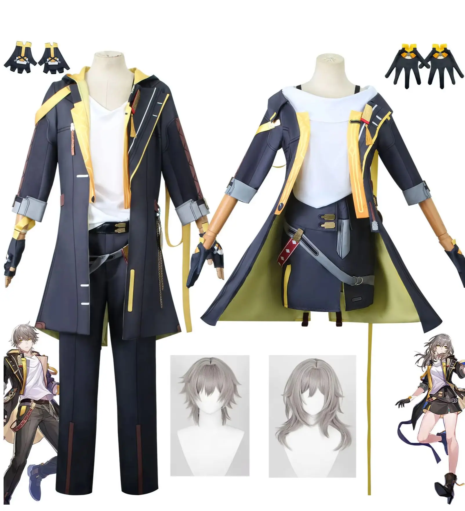 Honkai: Star Rail, costume complet de Caelus Stelle pour cosplay, comprenant perruque et gants, idéal pour les jeux d’animation, les jeux de rôle et les costumes d’Halloween.