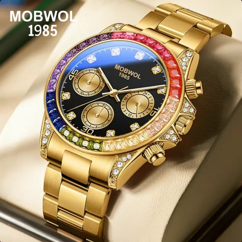 Nouvelle montre pour homme MOBWOL, haut de gamme, design luxueux et unique, bracelet en acier, montre à quartz pour homme, avec éclairage nocturne