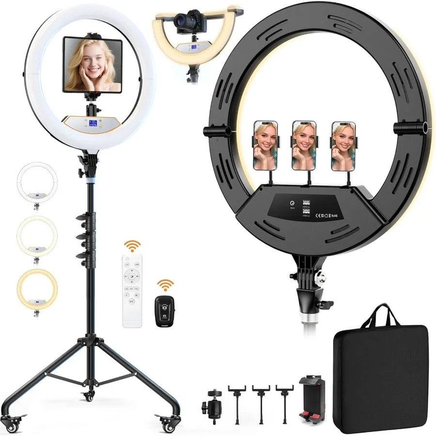 18 Foldable Ring Light with Adjustable Stand for iPhone iPad Camera 75 Height Tripod with Smooth Rolling Wheels 38W 6500K Brigh