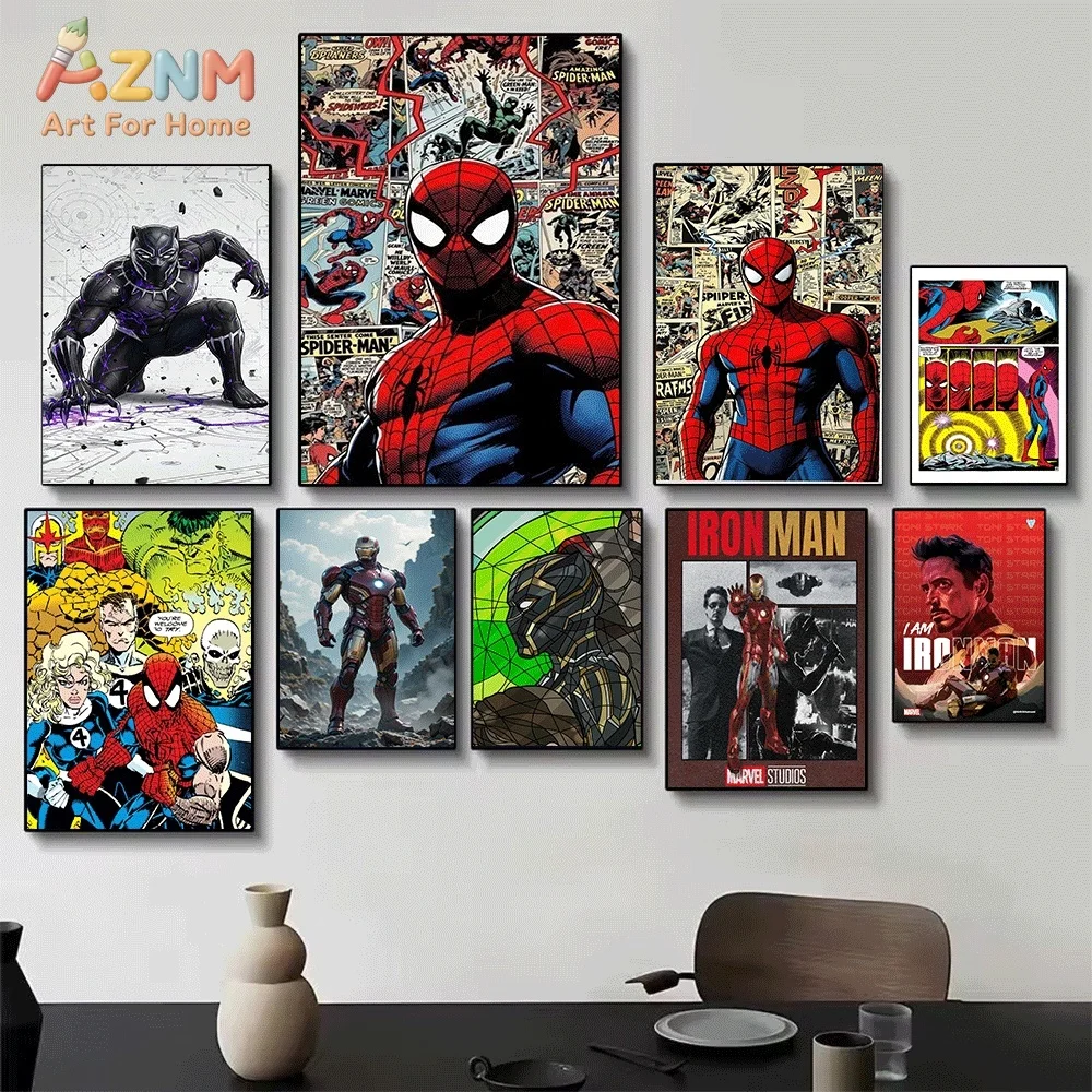 Black Panther Marvel Superhero Canvas Wall Art Spider‑Man Iron Man Retro Comic Book Blueprint Style Unframed Canvas Print for Bo