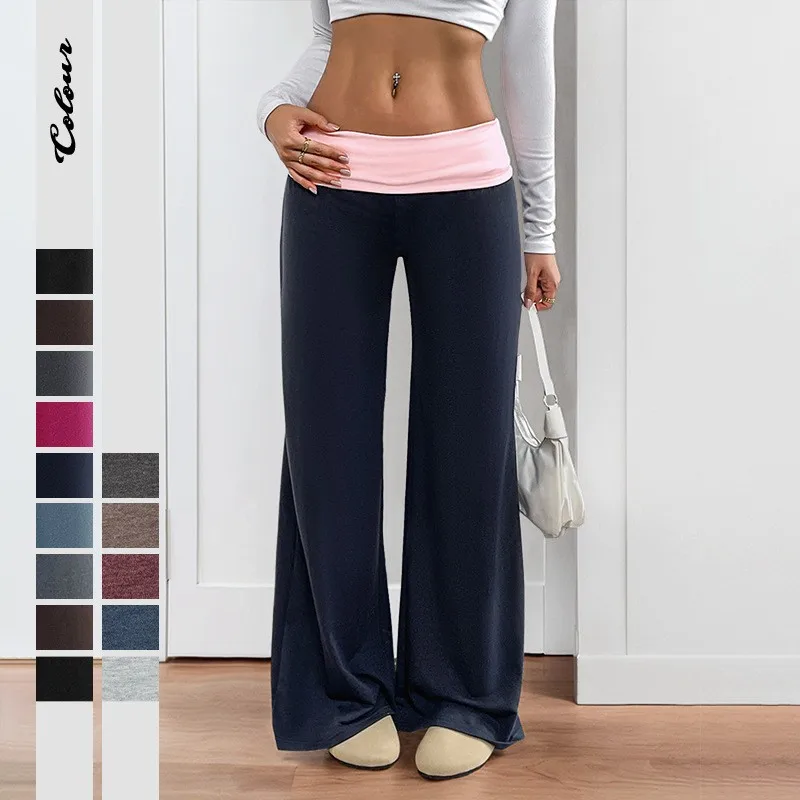

Women's Pants Baggy Casual Low Waist Trousers Navy Blue Solid Color Wide Leg Pants Pink Waistband Long Thin Cropped Top Pants
