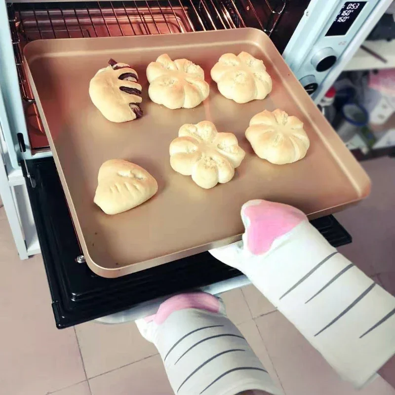 Non-slip Kitchen Gloves Cartoon Cat Paws Oven Mitts Long Cotton Heat Insulation Gloves Microwave Heat Resistant Baking Supplies