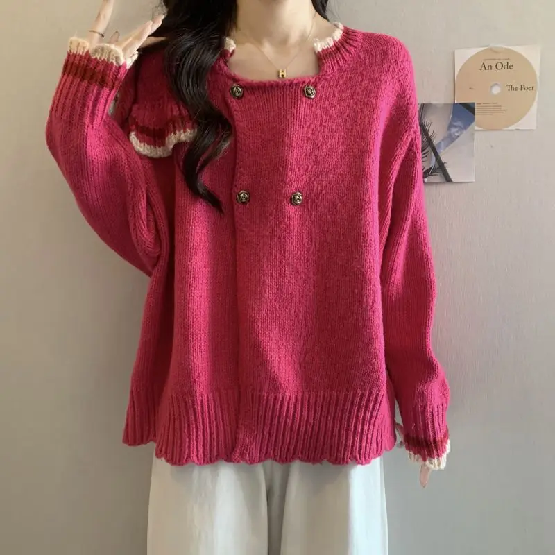 Large Size Women's Red Sweater with Lace Collar Western Style Stomach Covering Knitted Cardigan Top