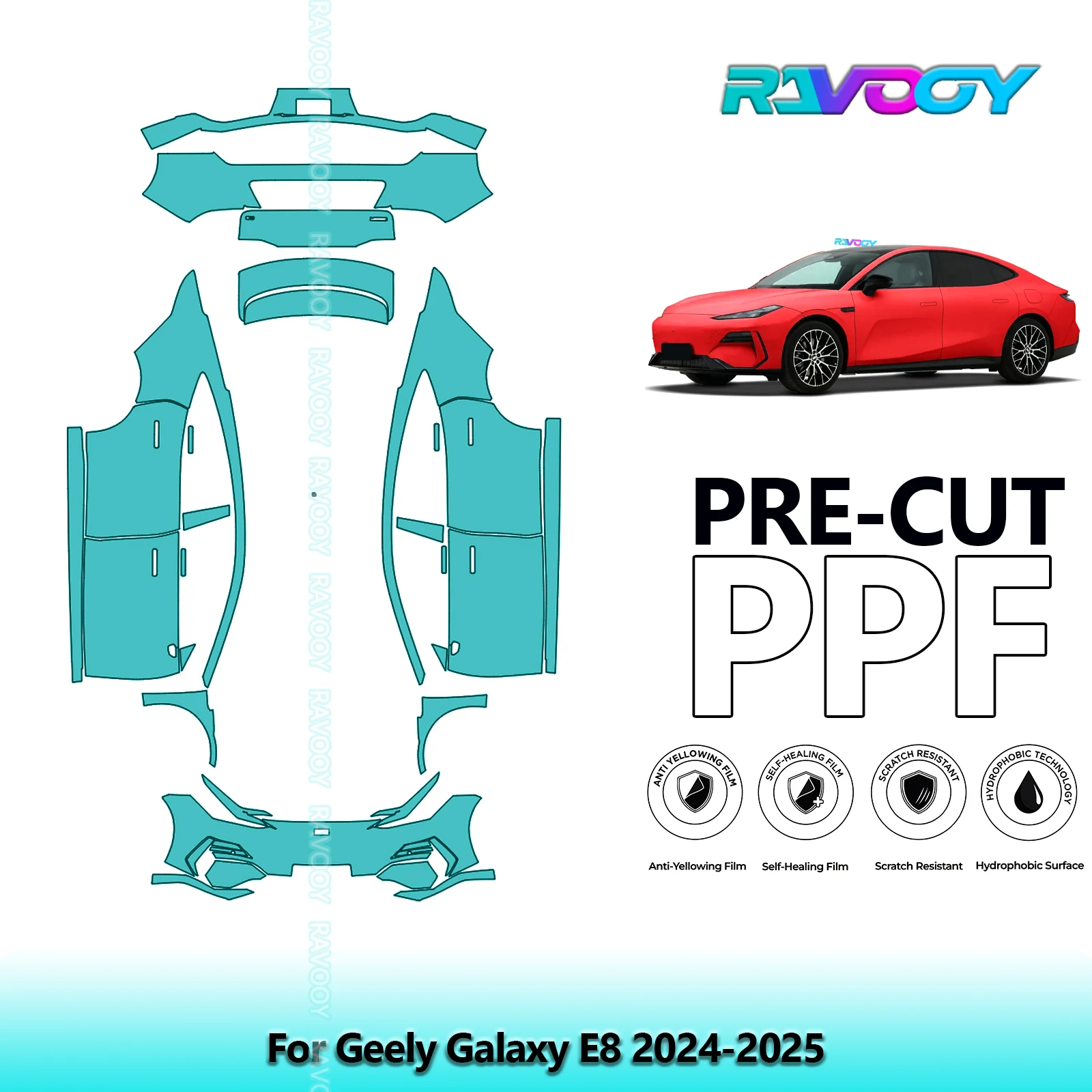 RAVOOY 8.5Mil Custom-Fit Precut TPU PPF Full Vehicle Clear Bra Stone Guard EU UK For Geely Galaxy E8 2024-2026