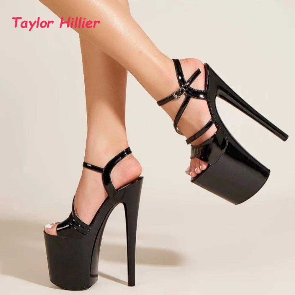 Crisscross Strap Platform Ankle Strap Sandals Ladies Patent Leather Ultra Slim Stiletto High Heels Evening Party Fashion Shoes