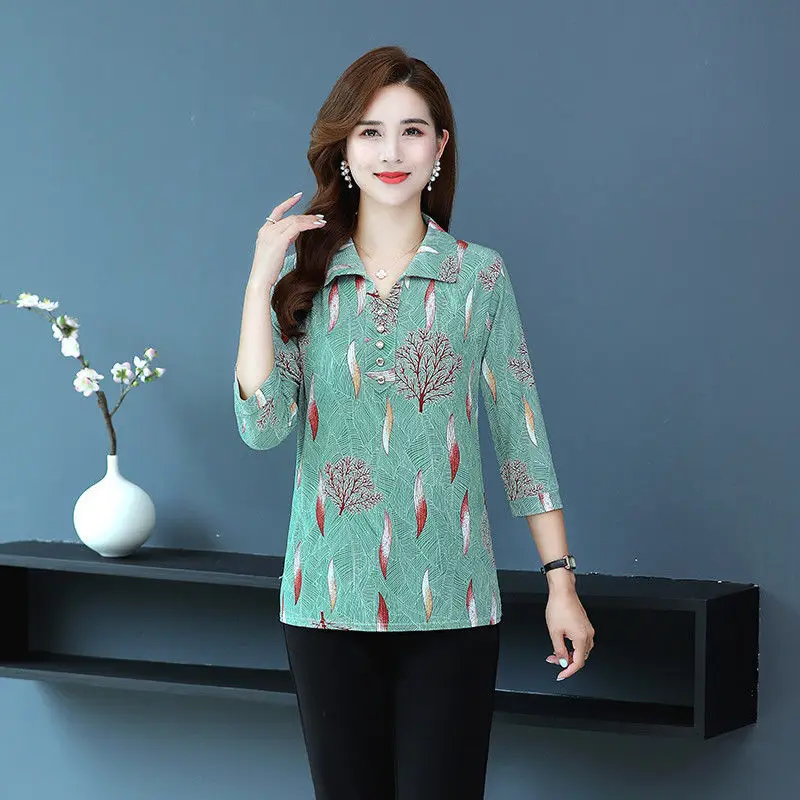 2023 Women's Clothing Three Quarter Sleeve Printing Pullovers Casual Loose Turn-down Collar Straight Simplicity Elegant T-Shirts