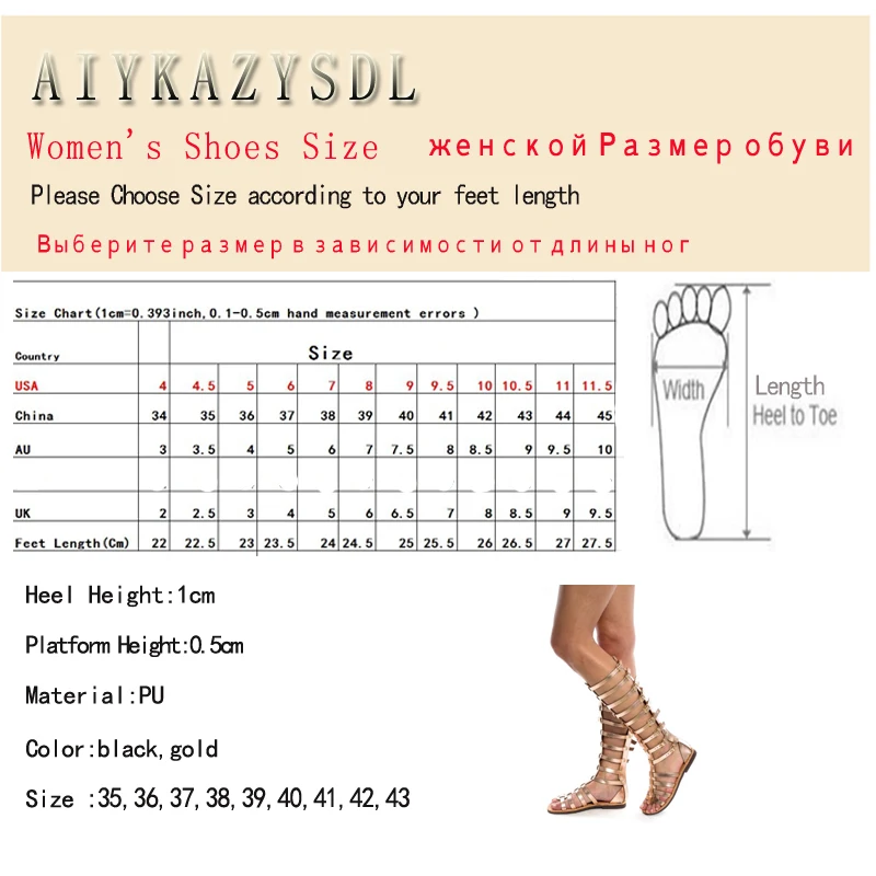 AIYKAZYSDL Gladiator Rome Sandals Strappy Knee High Summe Boots Cut Out Flat Sandals Shoes Gothic Punk Sandals Plus Size Gold