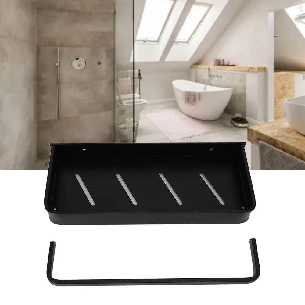 Aluminum Bathroom Shelf Black Rustproof Towel Rack Open Bottom Design Wall Mounted Storage Shelf Home Bathroom Kitchen Washroom
