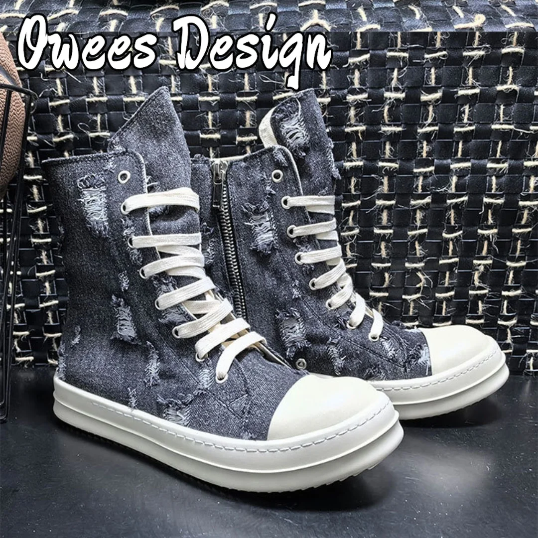 Owees Design Couple Flats High-top Canvas Shoes Women All-match Sneakers Lace-up Men Flat Platform Shoes Zipper Vulcanized Shoes