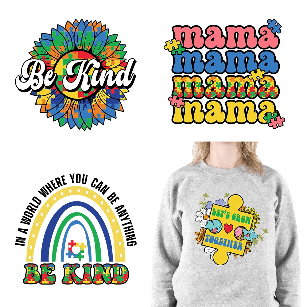 

Autism Love Decals Autism Mom Be Kind Autism Awareness Thermoadhesive Patches Iron On DTF Transfers Ready To Press For T-shirts