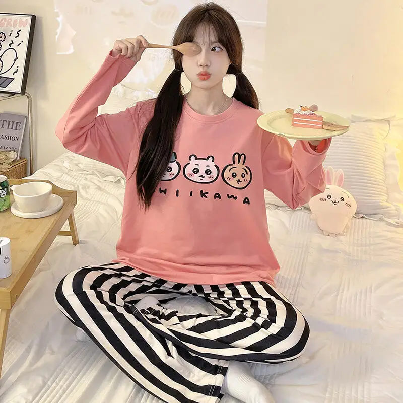 Anime Chiikawa Frauen Pyjama Cartoon Kawaii Pyjama Sets Mädchen Baumwolle Nachtwäsche Student Pyjamas Hosen Mode Komfort Loungewear