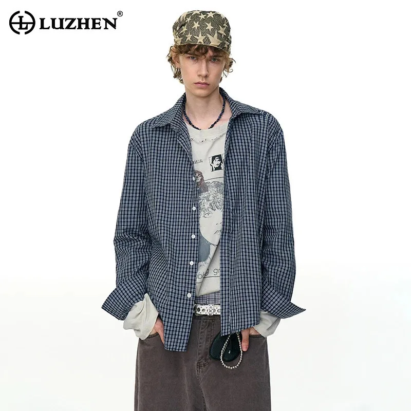 

LUZHEN Fashion Korean Handsome Long Sleeve Shirts Men's Lapel Plaid Printed 2025 Autumn Loose Casual Tops Stylish Clothes JY3886