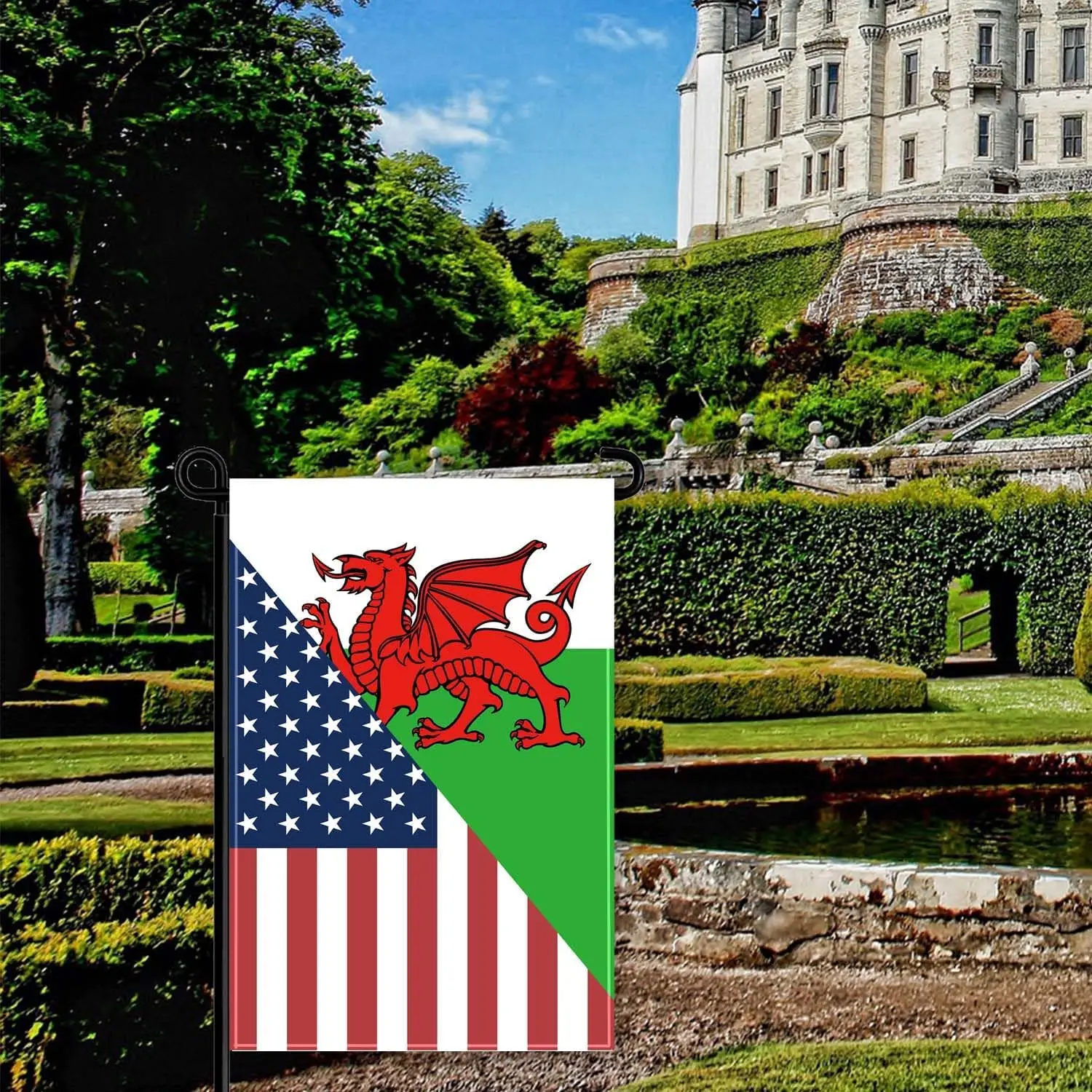 Welsh USA Friendship Garden Flag,18×12 inch Wales Decor,Heavy Duty Double Side Digital Printed 210D Polyester Banner For Out SSL