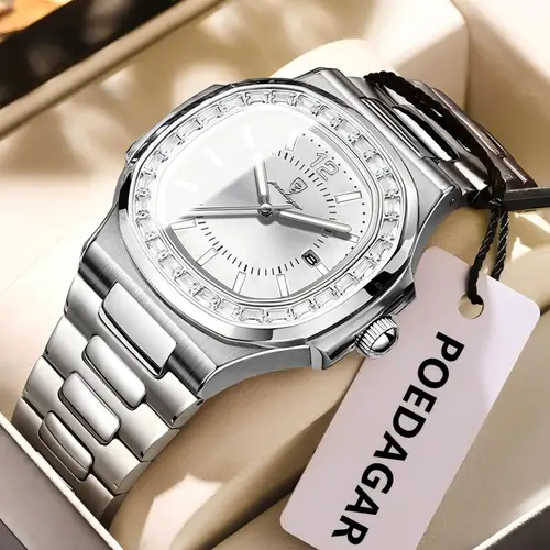 Imagen 2 del producto Reloj POEDAGAR cuadrado de marca de lujo para hombre, relojes de cuarzo con fecha luminosa resistente al agua para hombre, reloj de negocios a la moda de acero inoxidable para hombre