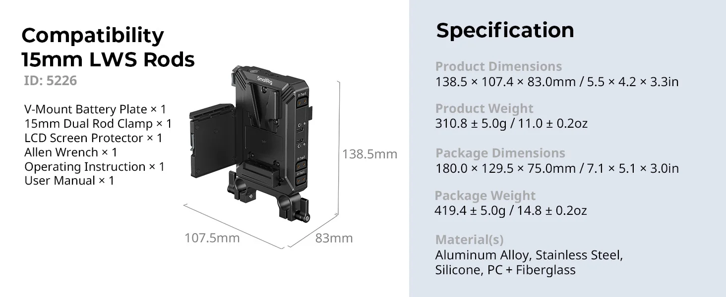 SmallRig V-Mount Akku-Montageplatten-Set für 15 mm LWS-Stangen für Sony für Canon für DSLR-Kamera mit 15 mm Stangenklemme, Displayschutzfolie – Detail 9