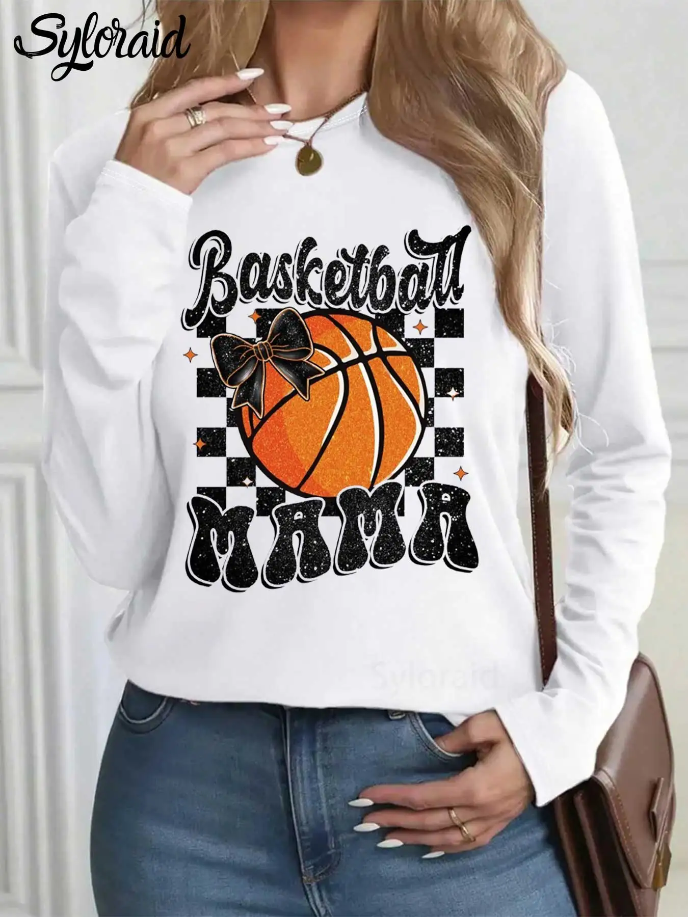 تي شيرت نسائي بأكمام طويلة، تي شيرت كرة السلة ماما، قميص يوم اللعبة، قميص كاجوال برقبة دائرية #1