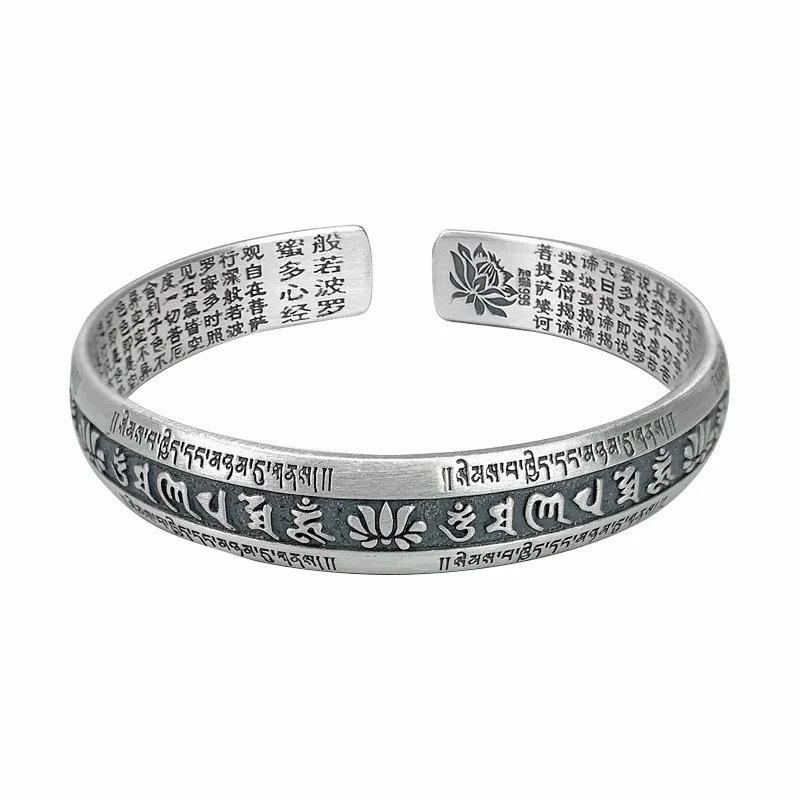 Prajnaparamita Heart Sutra Opening Six Character Mantra Heart Sutra Bracelet Silver Plated Retro Wide Version for Men and Women