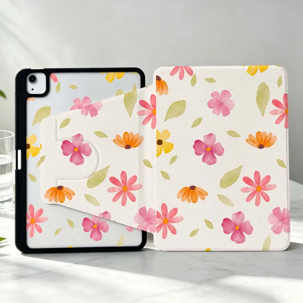 Cartoon Flowers Leaves For iPad Pro Air mini 6 5 4 12th M5 M4 M3 M2 A16 A17Pro 360° Rotation Stylus Storage Tablet Case