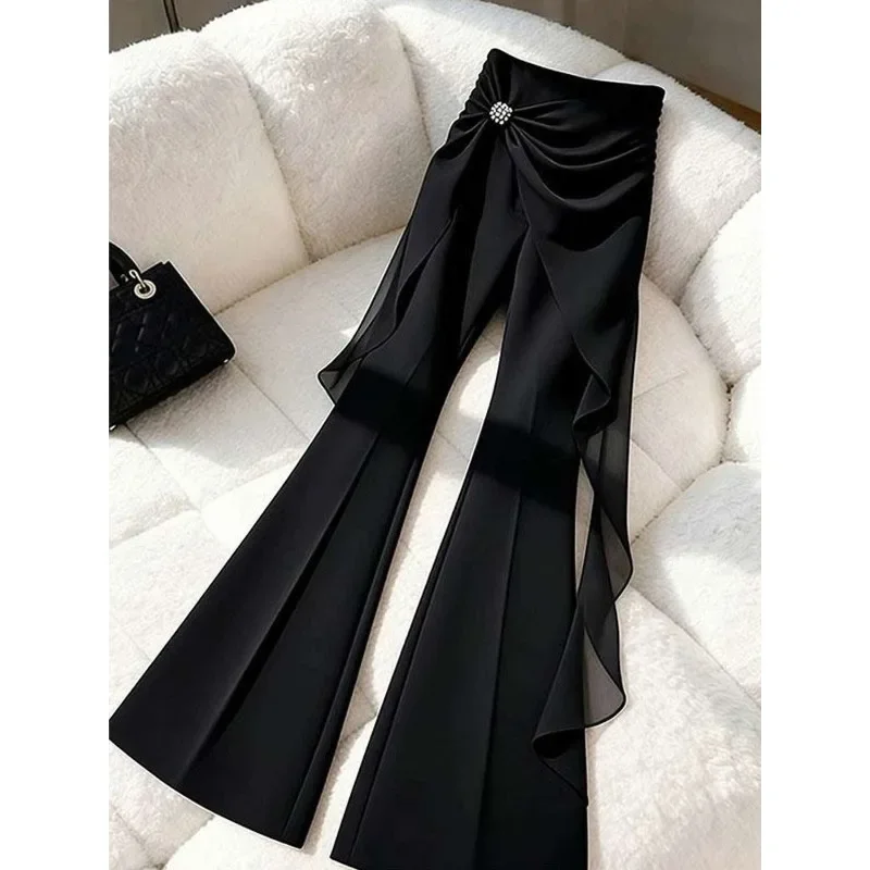 Waist Diamond Bow Design Thin Elegant Commuting Versatile Single Item Asymmetrical Ribbons Trousers Drape Black Micro-pull Pants