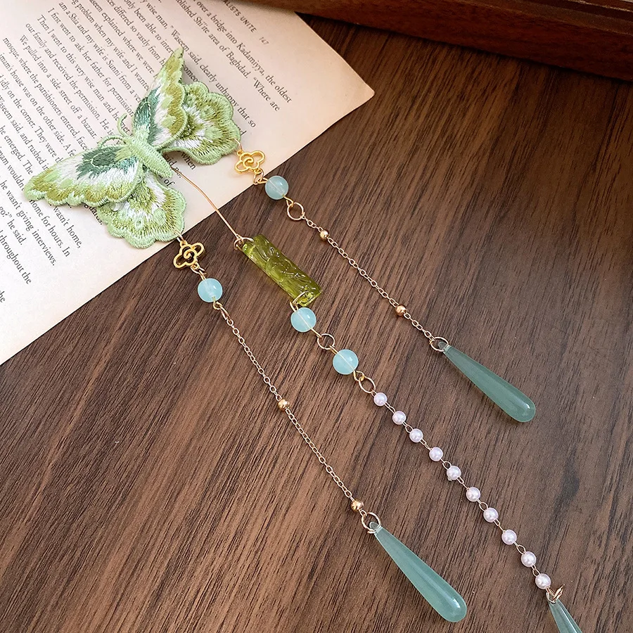Green Embroidered Butterfly Hair Clips Women New Chinese Style Retro Resin Bead Tassel Duckbill Barrettes Hanfu Cheongsam