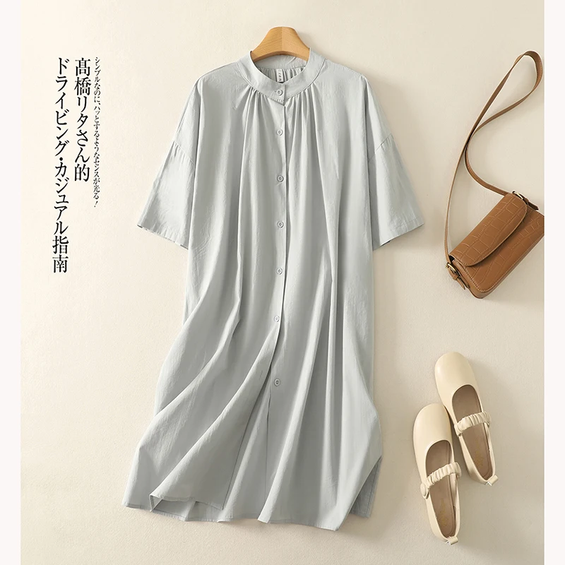 

Женское элегантное однотонное свободное платье, новое летнее однобортное платье с круглым вырезом и короткими рукавами, повседневное платье для отпуска