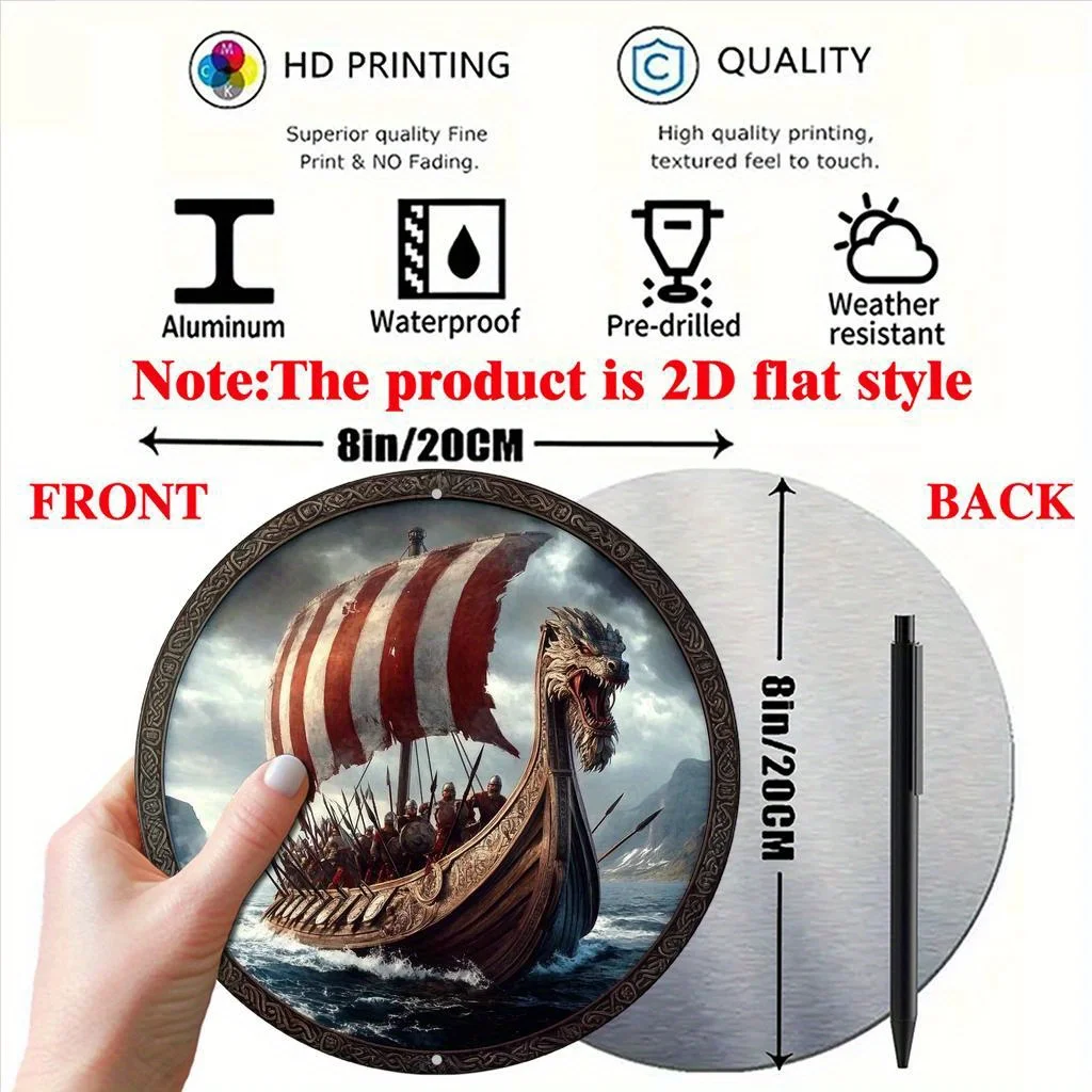2D Flat Viking Dragon Longship Round Tin Sign - Norse Viking Drakkar Warship Art Metal Wall Decor for Home, Game Room, Viking Fa