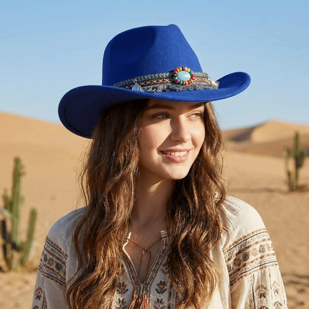 Simple Woolen Western Cowboy Hat with Tassels Solid Color Party Cosplay Hat Big-edge Colorful Top Hat Bucket Hats