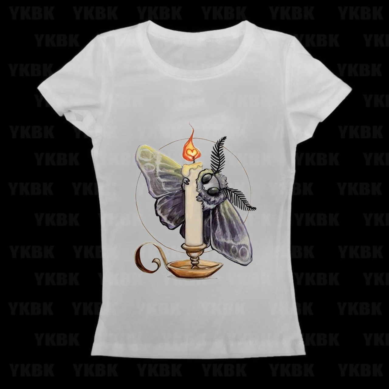 Aesthetic Women Tshirt Mysterious Moth Holding Candle Painting Print Crewneck Short Sleeve Gothic Art Casual Summer Slim Fit Tee