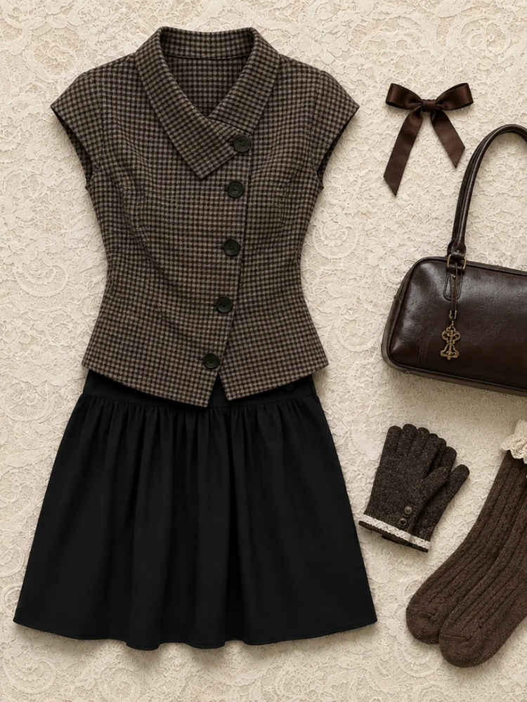 2026 Fall Korean Retro 2‑Piece Outfit Plaid Short Sleeve Blouse High Waist Pleated Skirt Y2K Harajuku Daily Street Matching Set image 5