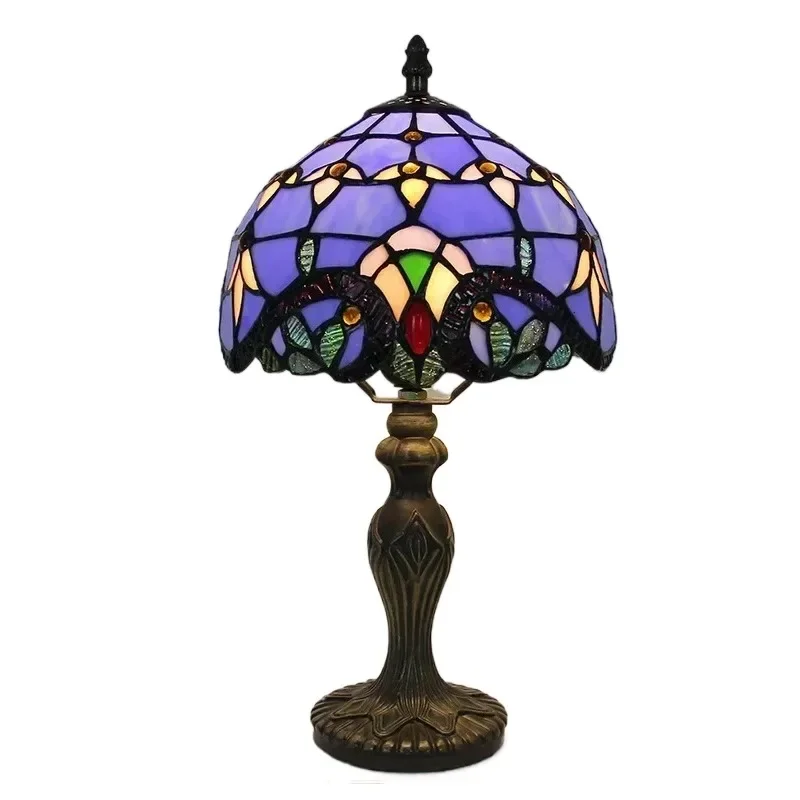 8inch European Retro Classical Bedside Lamp Stained Glass Baroque Blue Lampshade Church Home Bedroom Tiffany Art Table Lamp