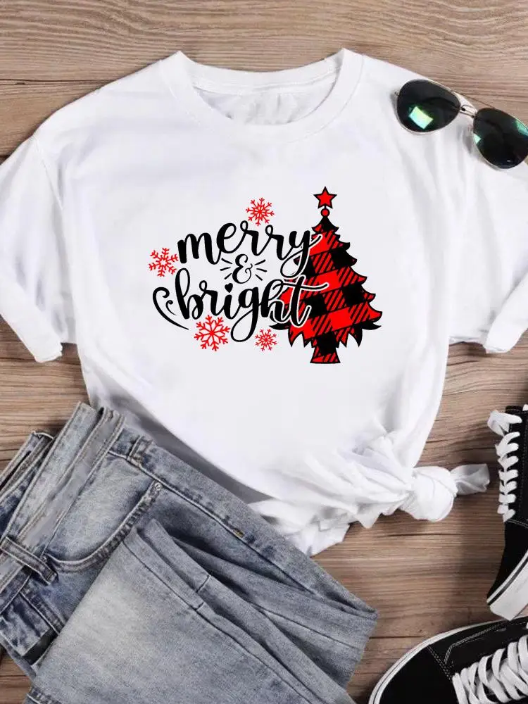 

Clothing Fashion Female New Year T-shirts Merry Christmas Plaid Tree 90s Cute Women Holiday Shirt Print T Top Graphic Tee