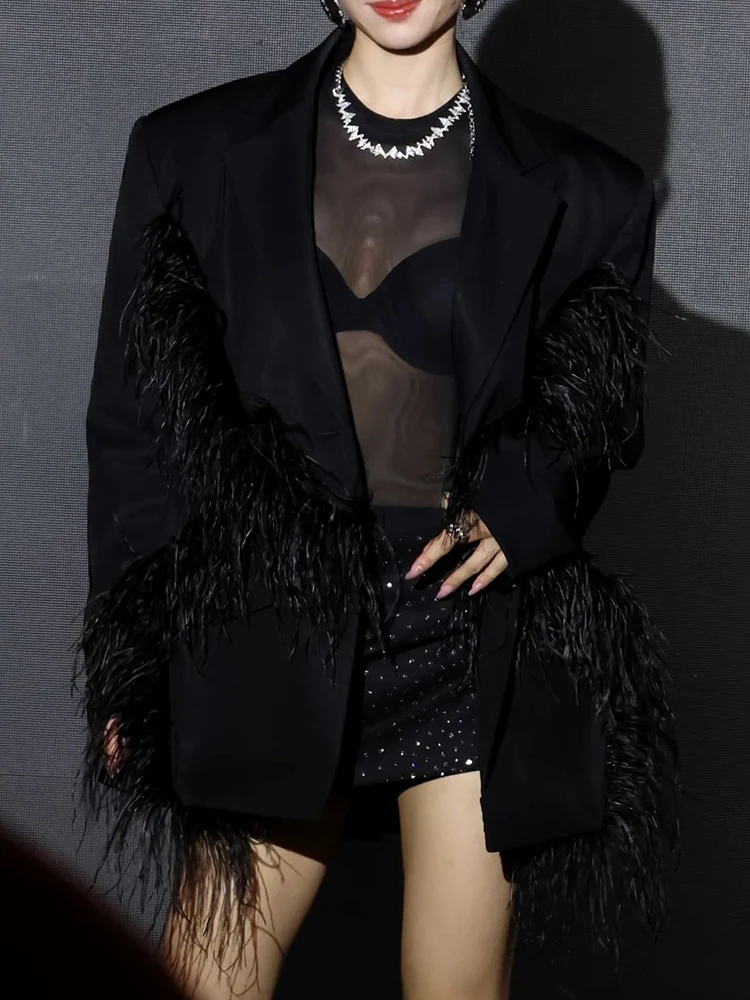 2026 Autumn and Winter Women's Clothing Retro Color Block Feather Lapel Long Sleeve Blazer Fashion Versatile Loose Jacket Top