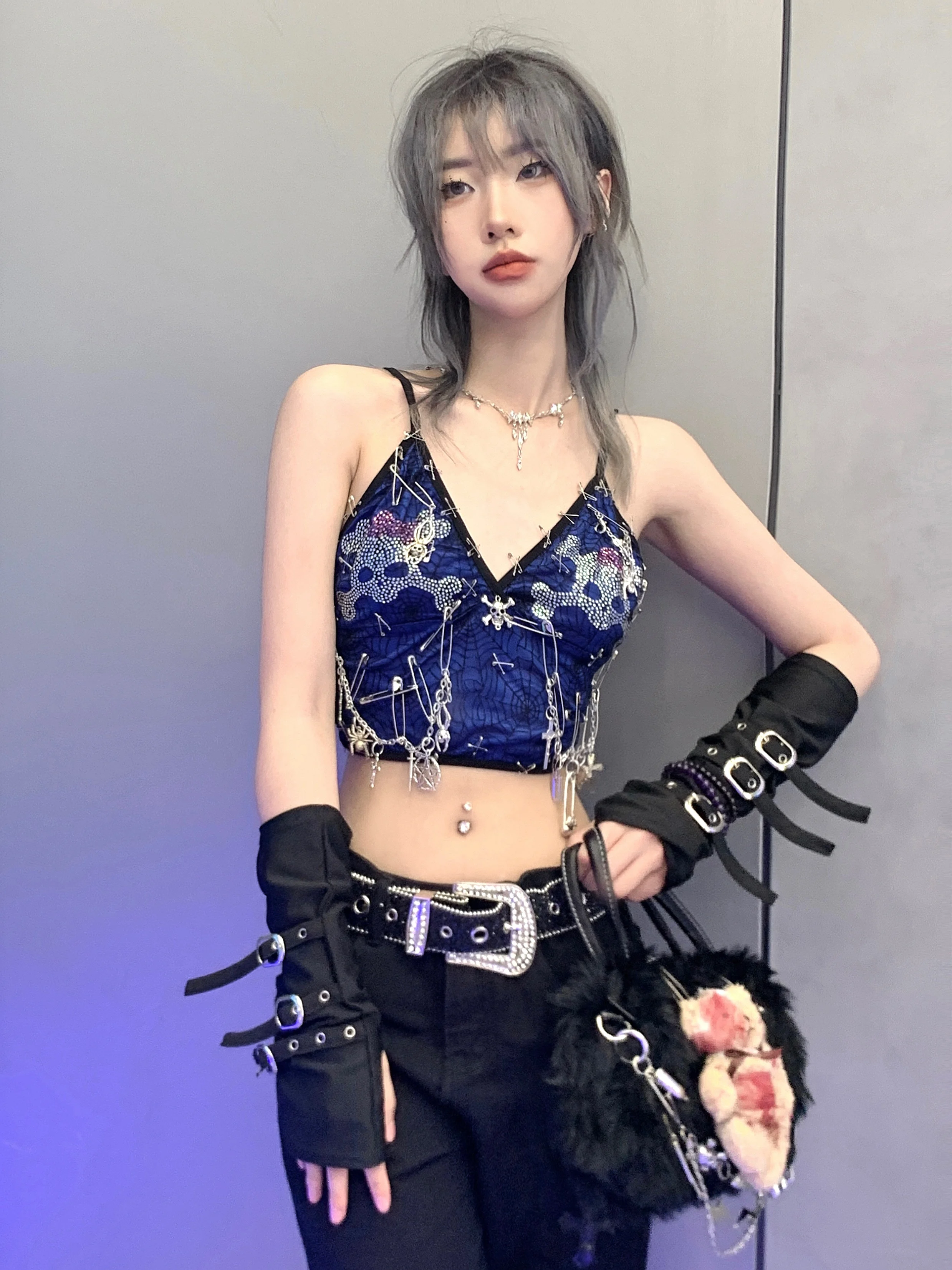 Women Punk Grunge Crop Tops Diamond Heavy Beading Skull Chains Blue Short Camis Tube Top Summer Gothic Y2k Spaghetti Tank