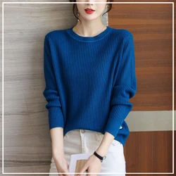 Trend Versatile Solid Color Generous Capable Simple Leisure Comfortable Round Neck Loose Women's Knitted Sweater Autumn 2024