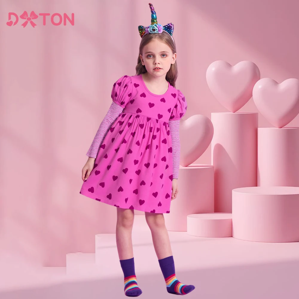 

DXTON New Children Straight Dress Autumn Toddler Casual Dress Heart Printed Girls Daily Wear Striped Sleeve Kids Cotton Clothing