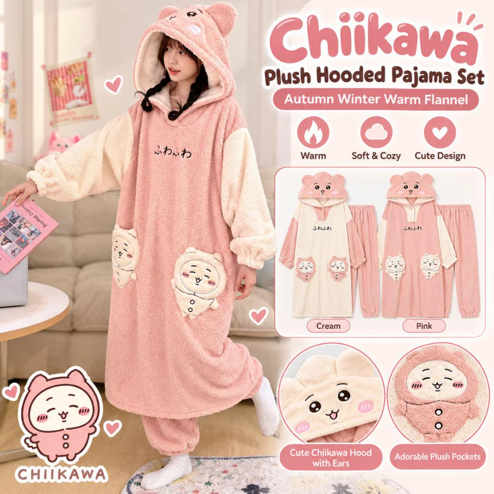 New Chiikawa Teen Girls Autumn Winter Warm Sleepwear Set Hooded Robe Long Nightgown Ladies Oversized Pajama Gift For Girlfriend